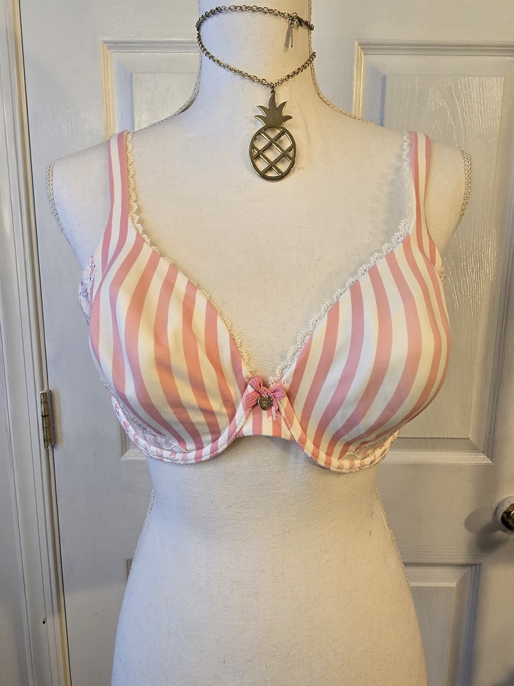 Victoria's Secret 38C Pink and White Striped  Bra with Lace Crystal Accents